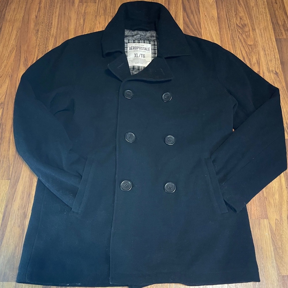 Aeropostale Pea Coat Mens XL Black Wool Blend Double Breasted Winter Jacket